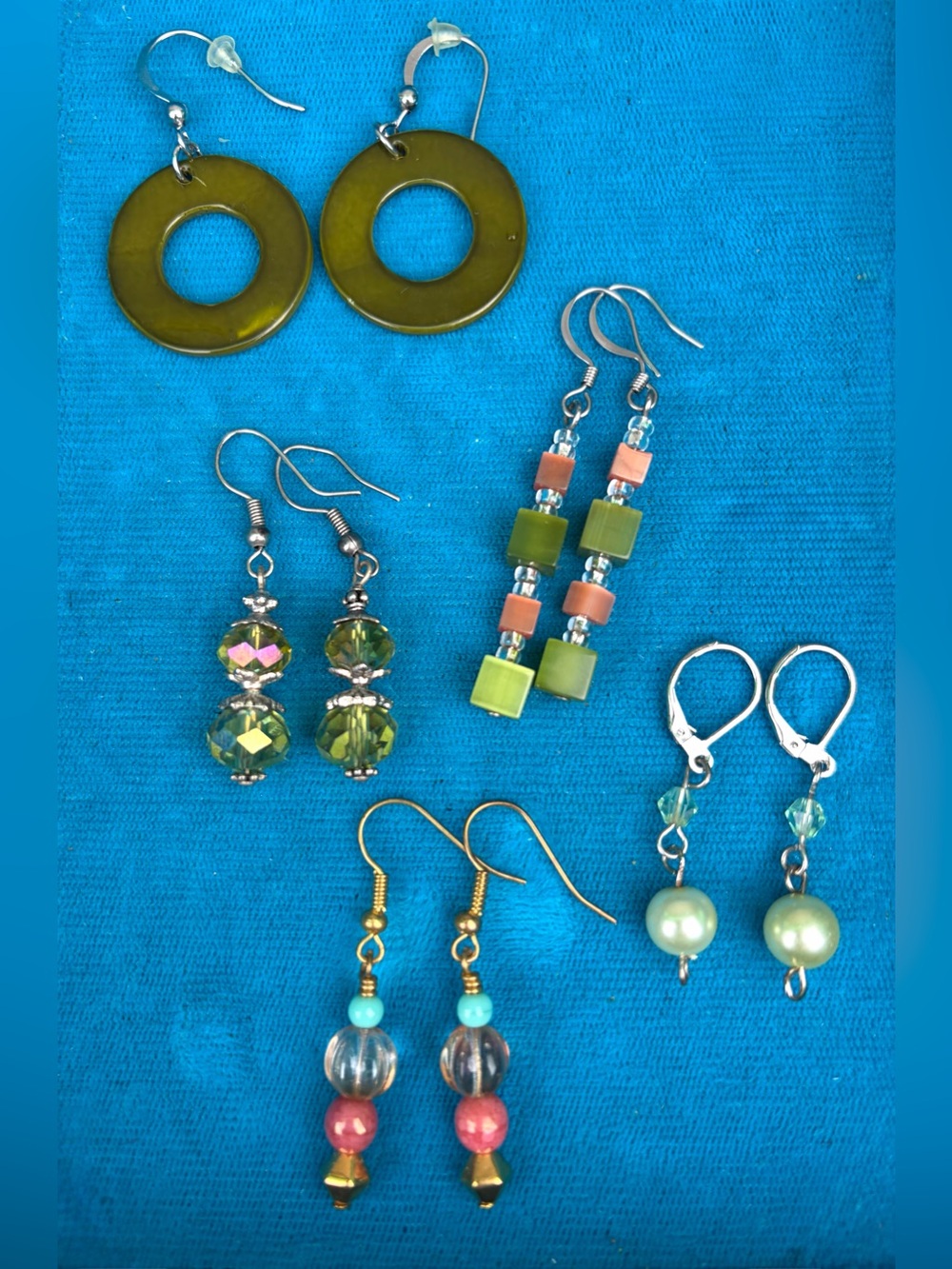 💚Boho Dangle Pierced Earring Lot - 5 Pairs Green Geometric Crystal Earthy💚